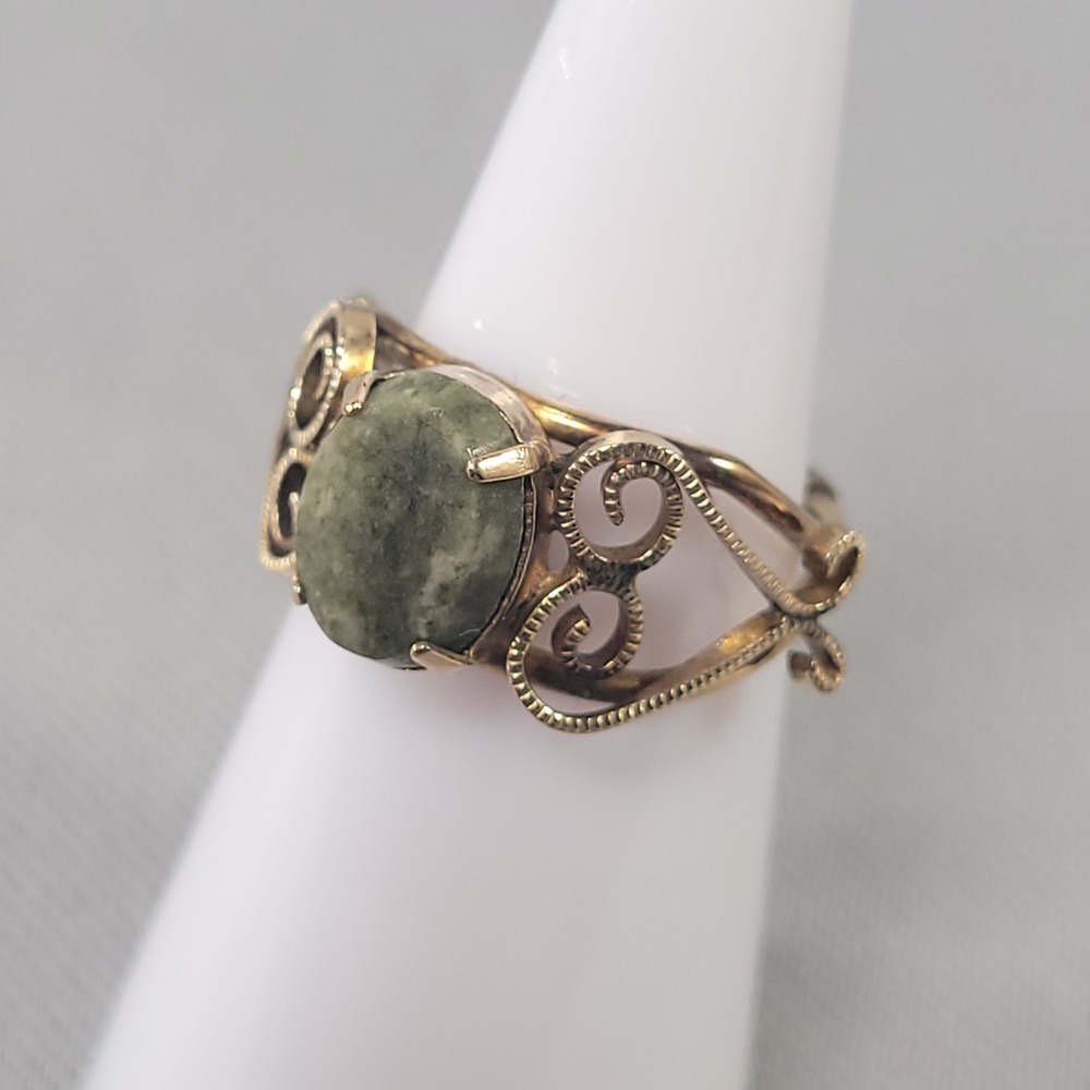 Burt Cassell Vintage Ring 12k Gold Filled Green Jade Filigree Scroll Size 6.25